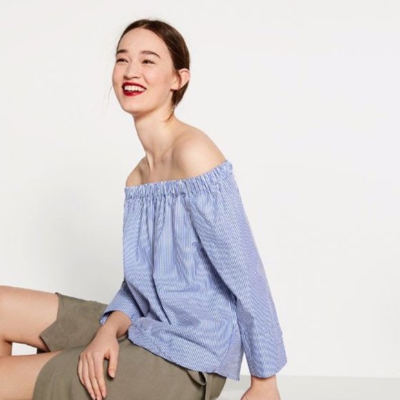 Zara Blue White Woman Poplin Stripped Off Shoulder - Picture 3 of 4